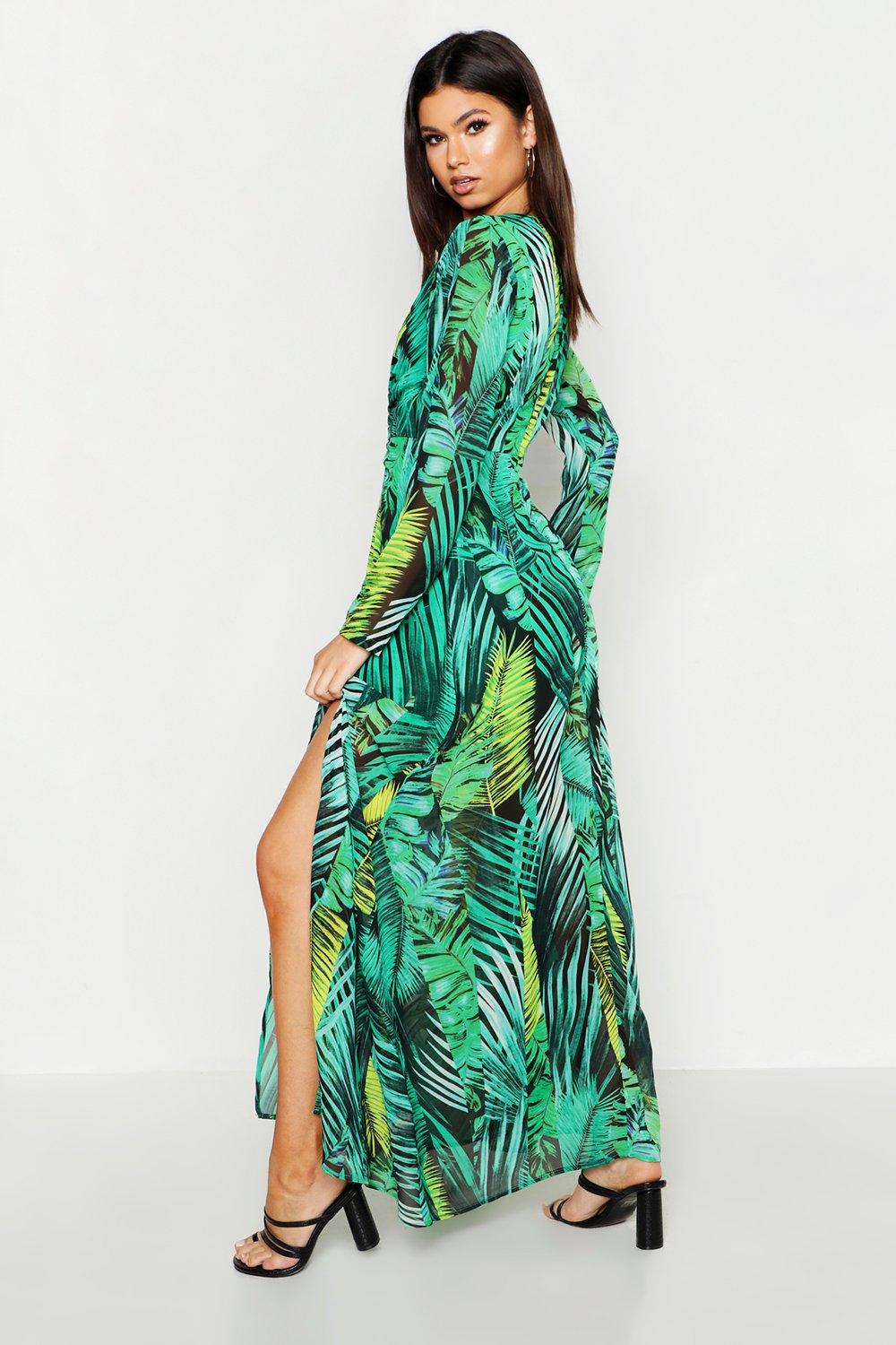 O Ring Plunge Front Palm Print Maxi Dress